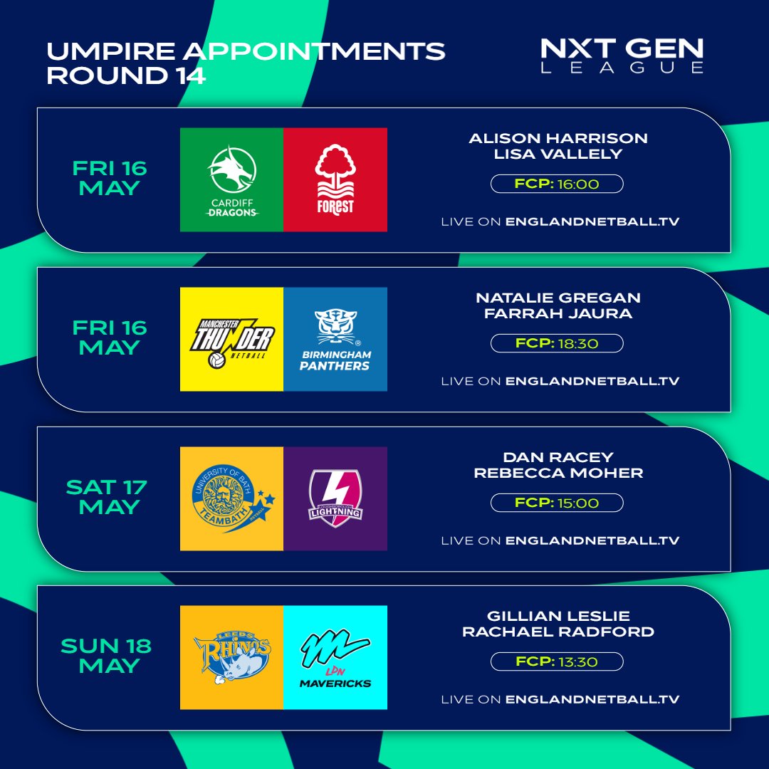 It’s time to reveal the umpire appointments for Round 14 of the NXT Gen League.

🎥 Don’t miss a moment—watch live: englandnetball.tv

#OfficiatingFamily