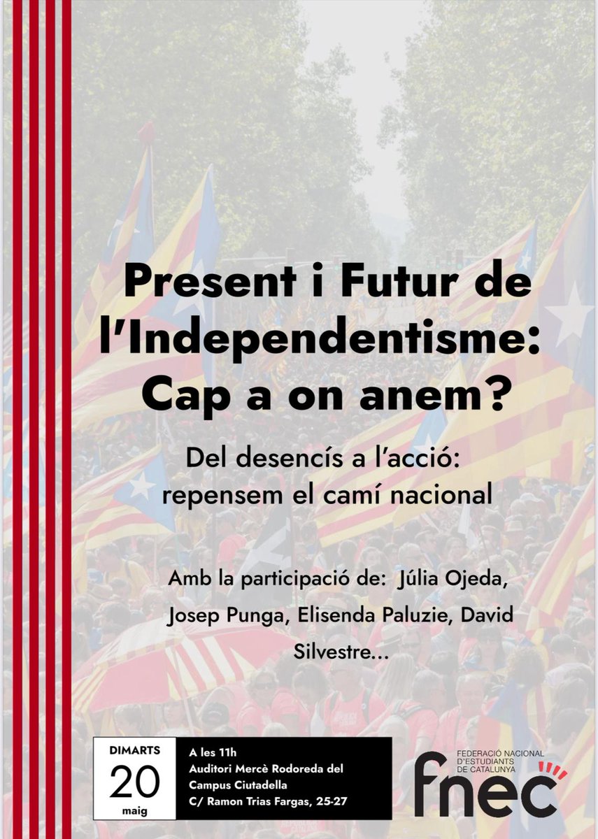 📣 L’independentisme està encallat? Cap a on anem?
 Vine al debat “Present i Futur de l’Independentisme” amb <a href="/juliaojedacaba/">Júlia Ojeda Caba</a>, Josep Punga, <a href="/epaluzie/">Elisenda Paluzie</a>, <a href="/floquemu/">David Silvestre 🏴</a> i més 🔥
 📅 20/5 · 🕚 11h
 📍 Auditori Mercè Rodoreda (Campus Ciutadella, UPF)
 🎓 Organitza <a href="/fnec/">FNEC</a> 
 #FNEC #NouCicle
