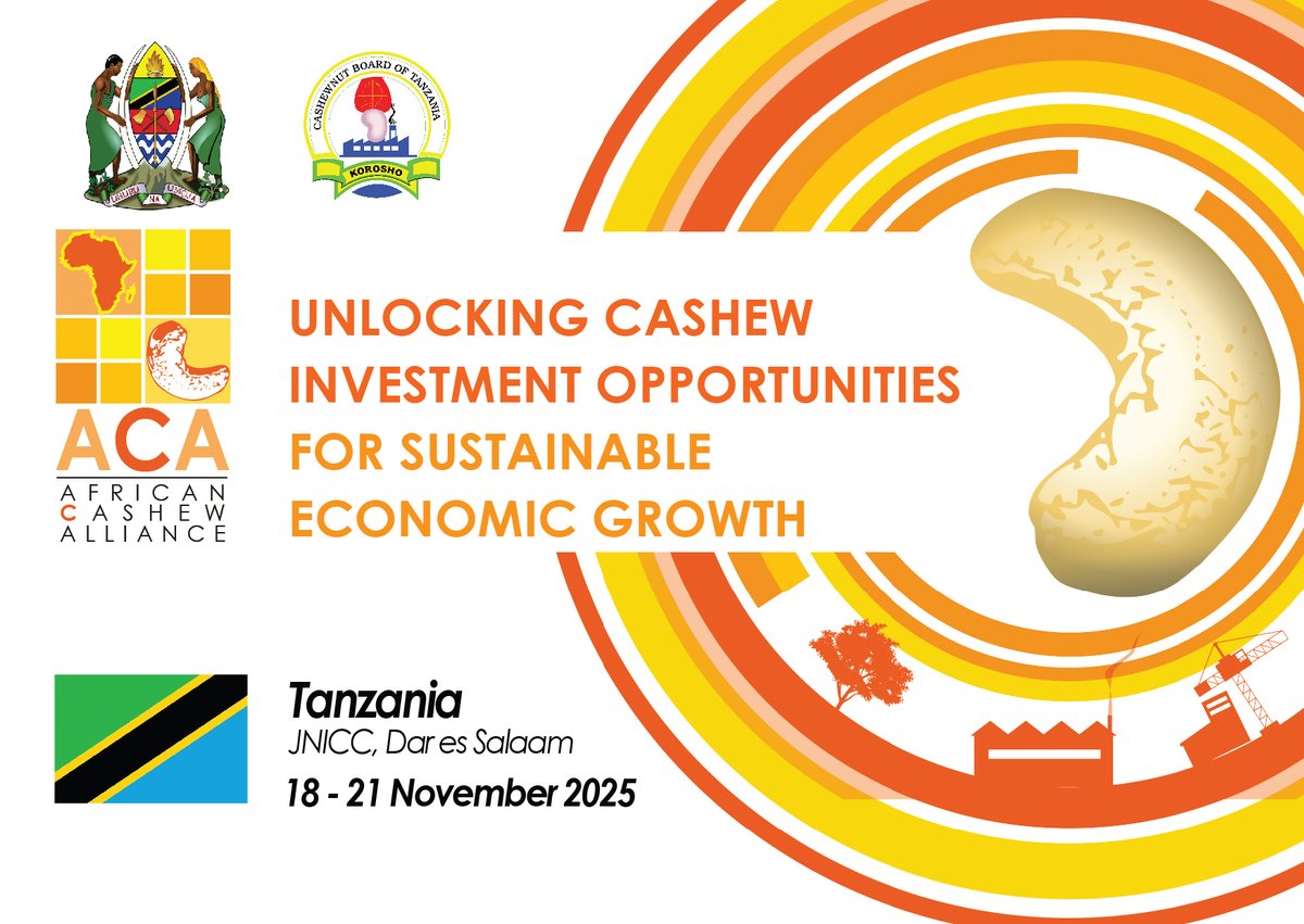 Join global cashew leaders in Dar es Salaam, #Tanzania  for the 19th ACA Annual Cashew Conference &amp; Expo, 18–22 Nov 2025. Gain insights, network, and shape the future of the industry. Early bird registration offers up to 40% off.

Register here: africancashewalliance.com/en/form/aca-co…