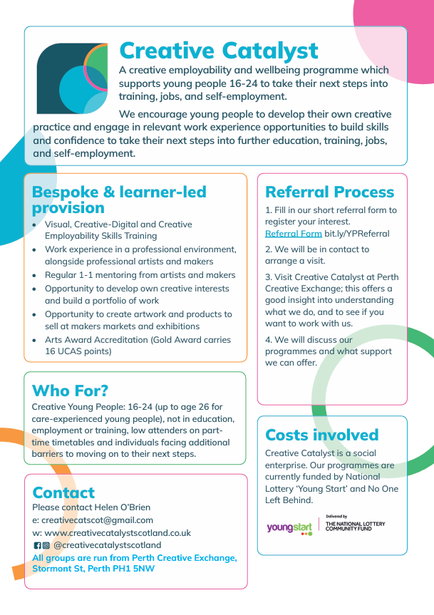 🎨 Creative Young People aged 16+ – this is for you! 

Creative Catalyst in Perth has 2 FREE programmes to build skills + confidence for work, training or self-employment.

🧠 Mondays: Creative Wellbeing
💼 Tuesdays: Employability

Apply by 25 Sept → zurl.co/ZY6Vb