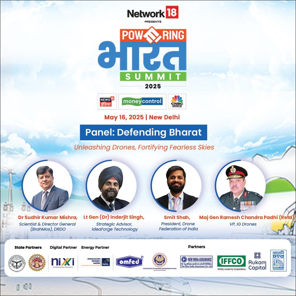 CNBC_Awaaz's tweet image. Defence tech strengthens India’s soaring strategic might. Join Dr Sudhir Kumar Mishra, Mr Inderjit Singh, Smit Shah, and Maj Gen RC Padhi as they discuss drones and missiles. 

#PoweringBharat2025 #Moneycontrol #Network18 #CNBCTV18 #CNBCAwaaz