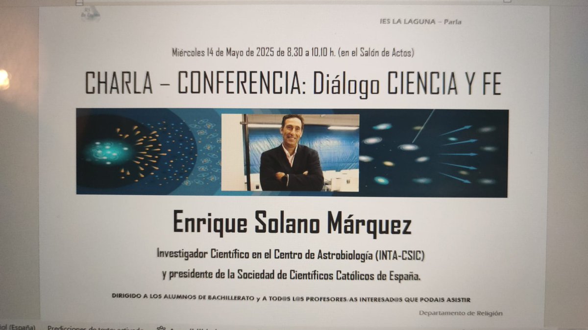 Society of Catholic Scientists - Sección Española (@scsesp) on Twitter photo Charla de <a href="/ECienciayfe/">Enrique Solano. Ciencia y Fe</a> en el Instituto La Laguna de Parla. Muy agradecidos por la cariñosa acogida. Charla de <a href="/ECienciayfe/">Enrique Solano. Ciencia y Fe</a> en el Instituto La Laguna de Parla. Muy agradecidos por la cariñosa acogida.