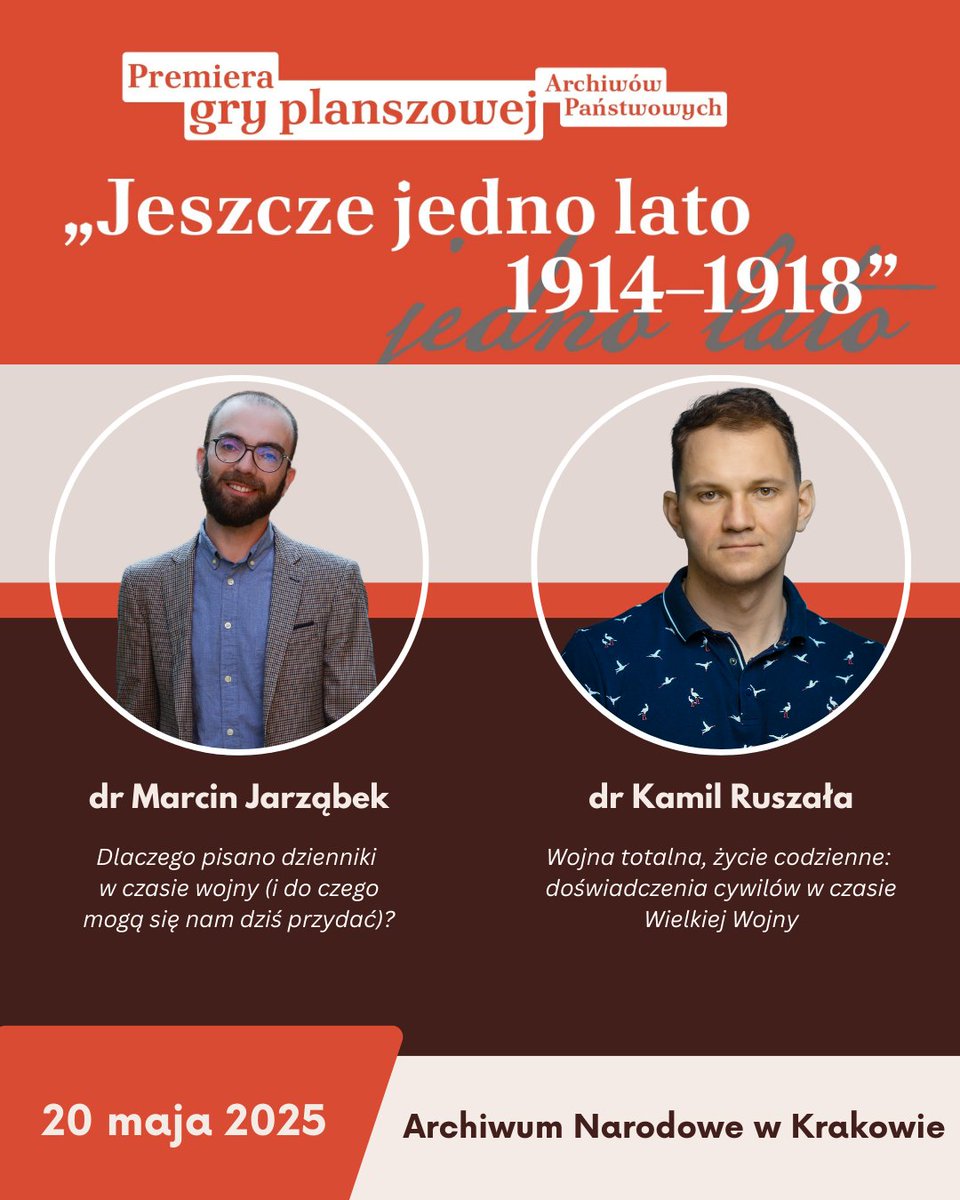 Z przyjemnością informujemy, że 20 maja odbędzie się premiera gry planszowej <a href="/Archiwa/">Archiwa Państwowe</a>! W czasie spotkania w Archiwum Narodowym w Krakowie odbędą się dwie prelekcje pracowników <a href="/IHistoriiUJ/">InstytutHistoriiUJ</a> - panów doktorów Marcina Jarząbka i <a href="/KamilRuszala/">Kamil Ruszała</a>! 🎉
Link tiny.pl/tywd5w-r