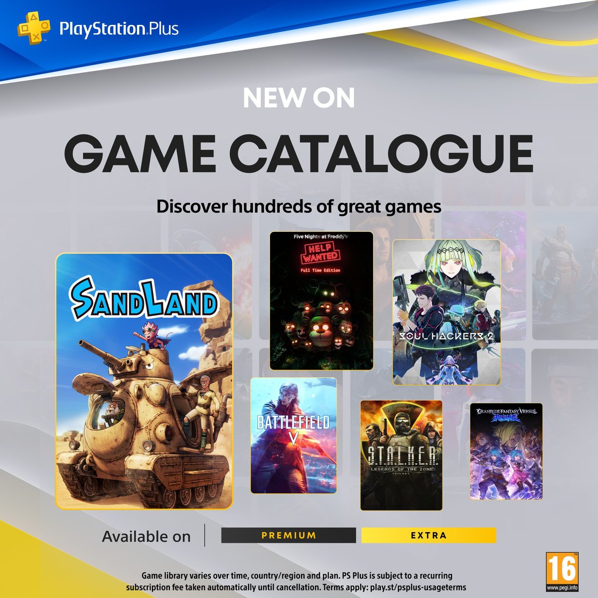 The PlayStation Plus Game Catalog for May includes:

🏜️ Sand Land
🧬 Soul Hackers 2
🐻 Five Nights at Freddy's: Help Wanted - Full Time Edition
🪖Battlefield V

…and more. The full lineup blog.playstation.com/2025/05/14/pla…