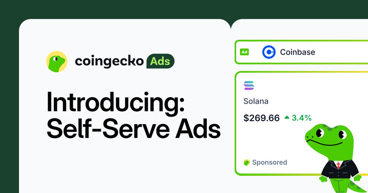 coingecko's tweet photo. Introducing: Self-serve Ads on CoinGecko 🚀

It's official! Crypto projects &amp; exchanges can now take charge of their ad campaign, increase awareness and accelerate growth on our new self-serve ads platform, in just a few clicks.

Let's unpack what's new  ⬇️🧵 https://t.co/UbA62TU6N4