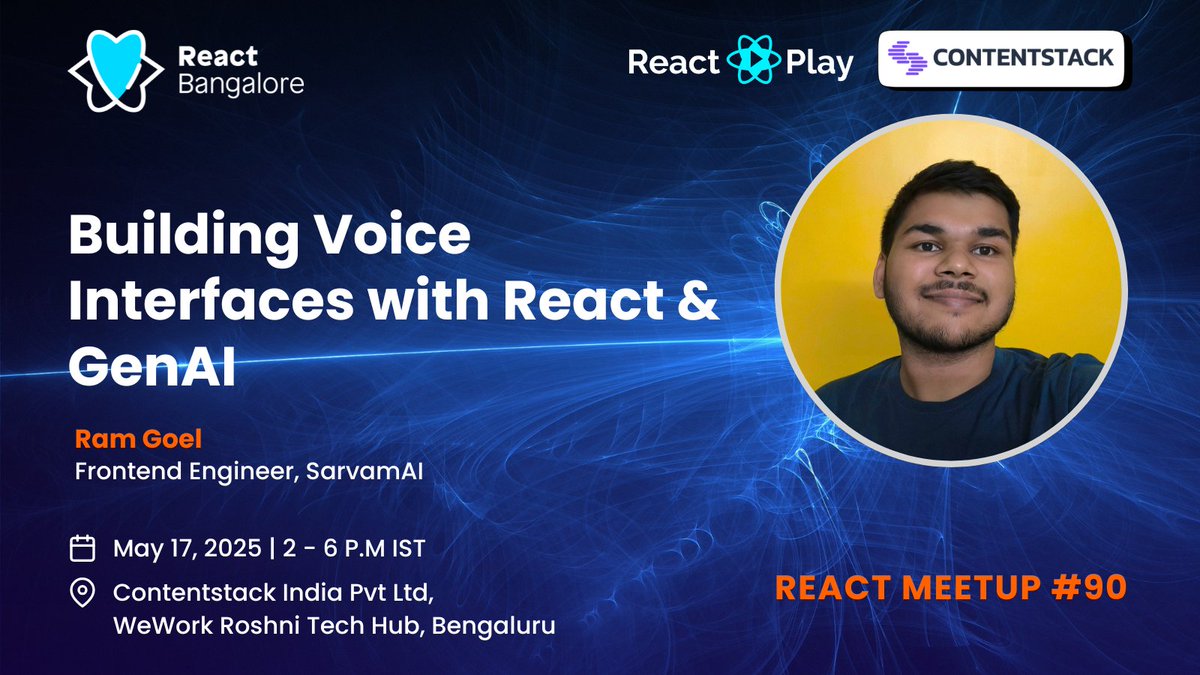 ReactBangalore's tweet image. Join our React meetup at @Contentstack on May 17th, where @theramgoel will demonstrate how to utilize browser APIs to build voice features in web apps.
Register now!
meetup.com/reactjs-bangal…