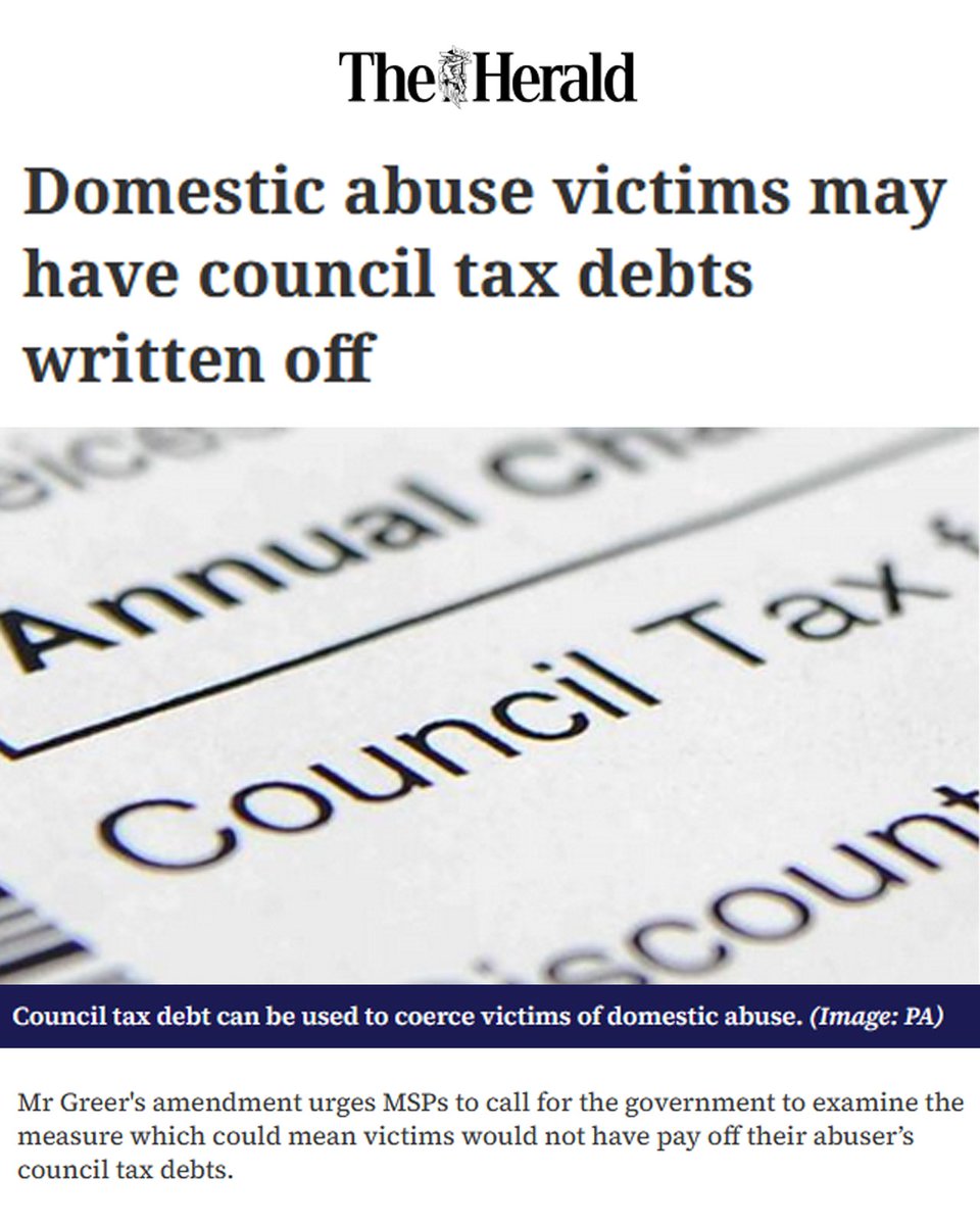 Ross Greer (@ross_greer) on Twitter photo Delighted that the Government has agreed to my proposals to tackle the scandal of domestic abuse survivors being forced to pay off their abuser's debts.
Thanks to <a href="/scotwomensaid/">Scottish Women's Aid</a>, <a href="/AberlourCCT/">Aberlour Children's Charity</a> and <a href="/FinanciallyIncl/">Financially Included</a> for their work uncovering this issue Delighted that the Government has agreed to my proposals to tackle the scandal of domestic abuse survivors being forced to pay off their abuser's debts.
Thanks to <a href="/scotwomensaid/">Scottish Women's Aid</a>, <a href="/AberlourCCT/">Aberlour Children's Charity</a> and <a href="/FinanciallyIncl/">Financially Included</a> for their work uncovering this issue