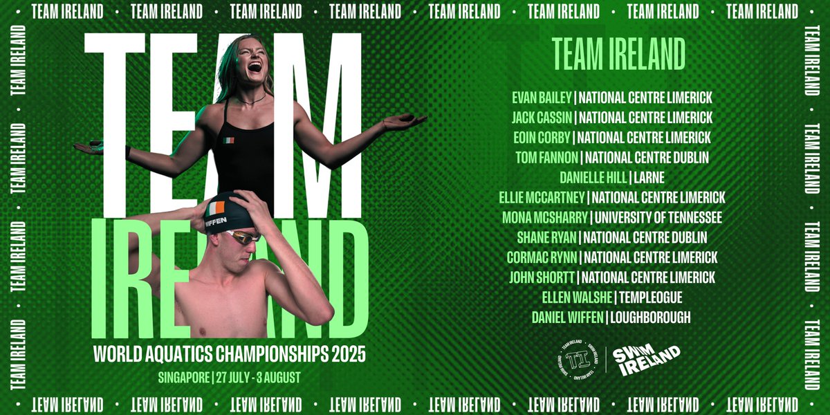 Ready to take on the world in Singapore 👊

Introducing your 12-strong team heading to the 2025 World Aquatics Championships ☘️

Huge summer ahead!

Full announcement for this summer's international competitions 🔗  swimireland.ie/2025/05/15/wif…