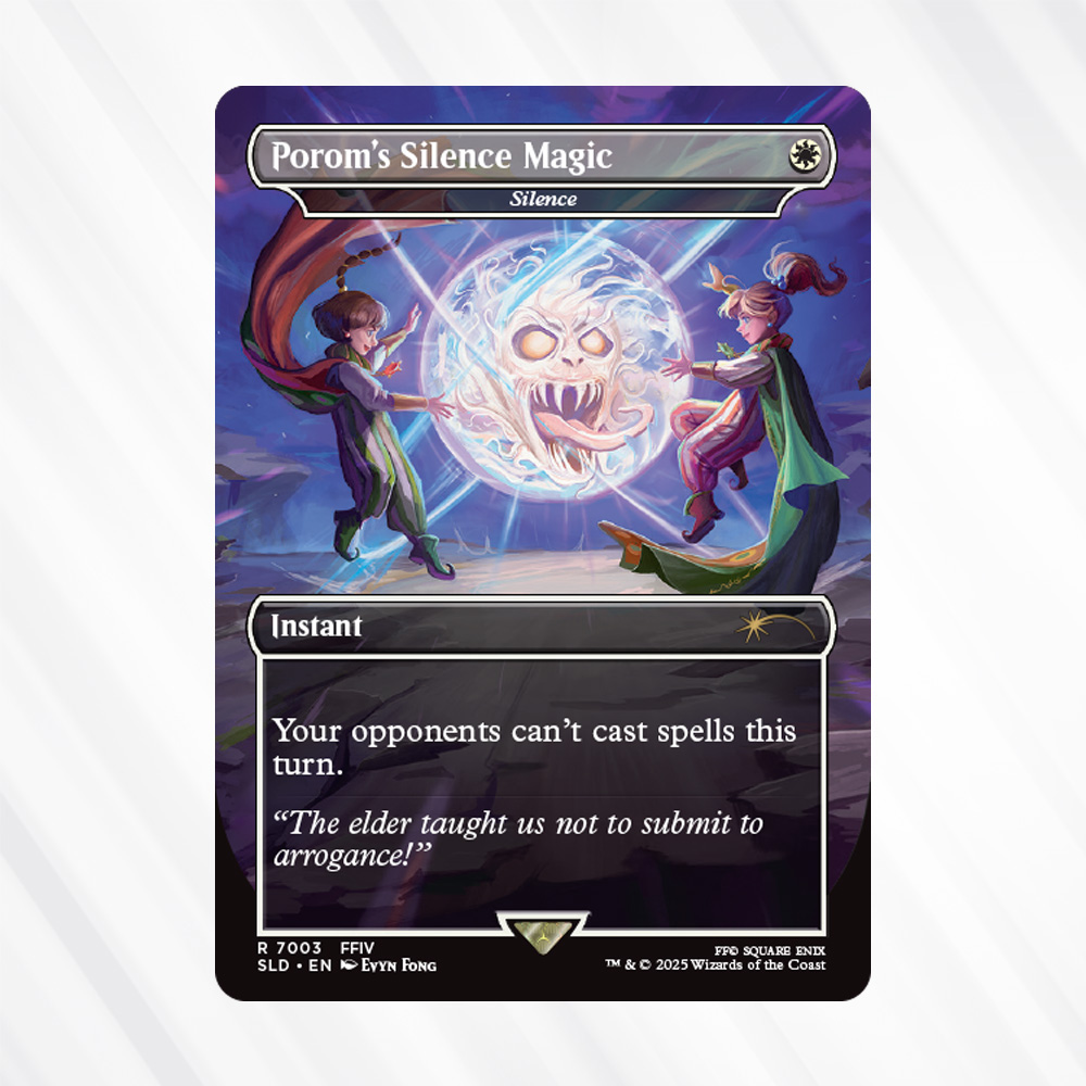 The three #MTGxFinalFantasy @MTGSecretLair drops each will likely have  these secret cards:  "Game Over" featuring Primogenesis  "Grimoire" has  Porom's Silence Magic  Fresh from the forge, the "Weapons" drop has  Armiger Unleashed