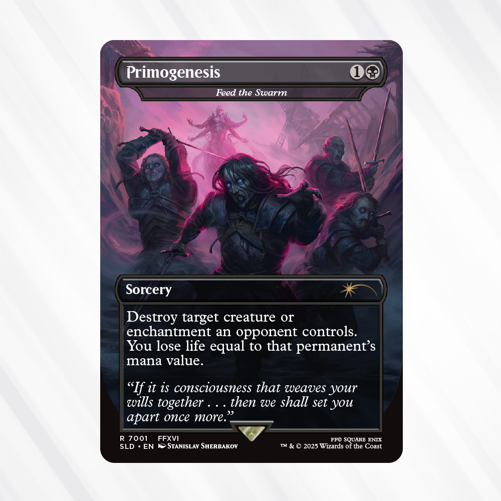 The three #MTGxFinalFantasy @MTGSecretLair drops each will likely have these secret cards: "Game Over" featuring Primogenesis "Grimoire" has Porom's Silence Magic Fresh from the forge, the "Weapons" drop has Armiger Unleashed The three #MTGxFinalFantasy @MTGSecretLair drops each will likely have these secret cards: "Game Over" featuring Primogenesis "Grimoire" has Porom's Silence Magic Fresh from the forge, the "Weapons" drop has Armiger Unleashed