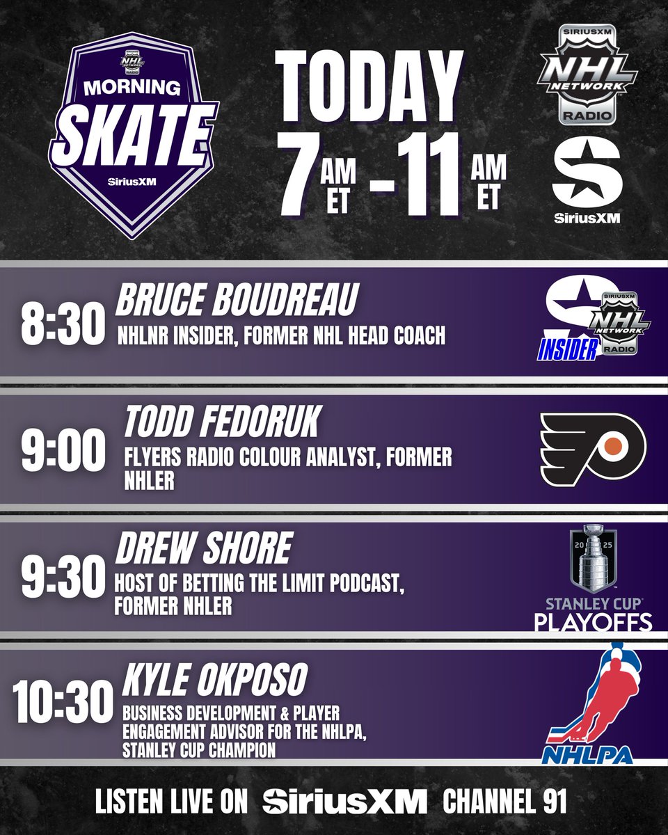 SiriusXM NHL Network Radio (@siriusxmnhl) on Twitter photo NHL Morning Skate is LIVE 7AM-11AM ET!
7-8 Tour Around The NHL with <a href="/LaughlinSXM/">Scott Laughlin</a> &
<a href="/tylermadarasz47/">Tyler Madaraszā¢</a>
8-10 <a href="/LaughlinSXM/">Scott Laughlin</a> & <a href="/GordStellick/">Gord Stellick</a>
10-11 <a href="/GordStellick/">Gord Stellick</a> & <a href="/Rupper17/">Mike Rupp</a>
#StanleyCup
š§SiriusXM.ca/NHLLive/ NHL Morning Skate is LIVE 7AM-11AM ET!
7-8 Tour Around The NHL with <a href="/LaughlinSXM/">Scott Laughlin</a> &
<a href="/tylermadarasz47/">Tyler Madaraszā¢</a>
8-10 <a href="/LaughlinSXM/">Scott Laughlin</a> & <a href="/GordStellick/">Gord Stellick</a>
10-11 <a href="/GordStellick/">Gord Stellick</a> & <a href="/Rupper17/">Mike Rupp</a>
#StanleyCup
š§SiriusXM.ca/NHLLive/