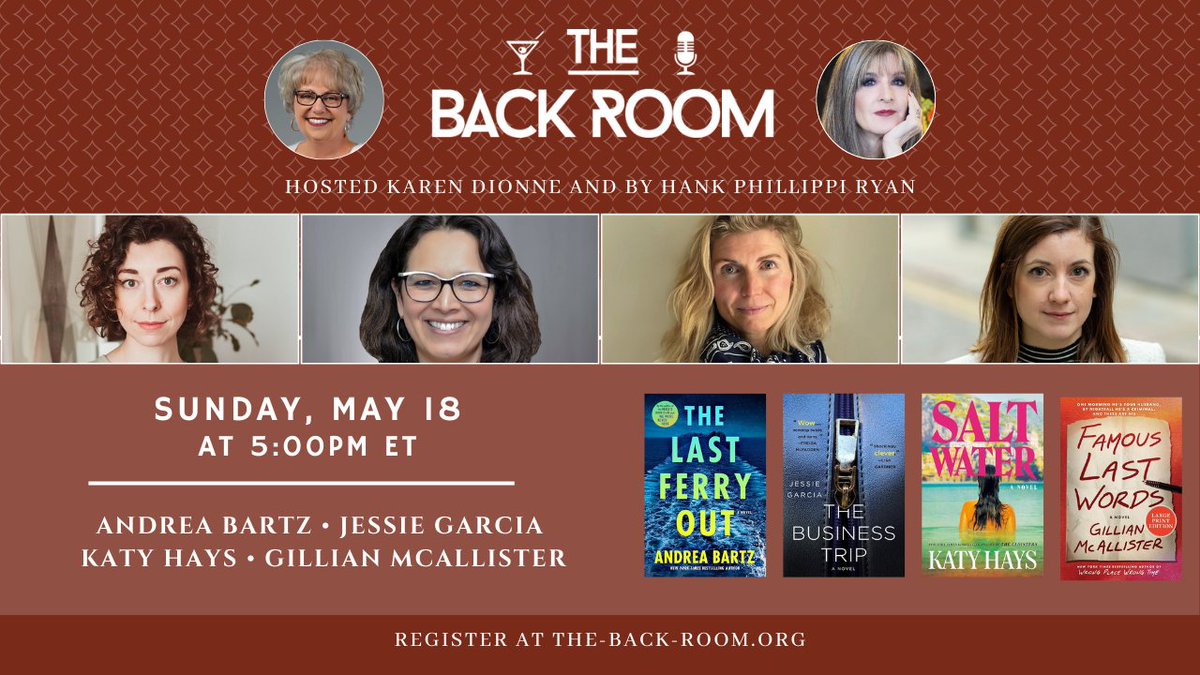 It's time for another Back Room event, and just look at the fabulous authors who'll be visiting this Sunday! @cbs58nd <a href="/GillianMAuthor/">Gillian McAllister</a> <a href="/HankPhillippi/">Hank Phillippi Ryan</a> 

Also, PLEASE NOTE: this event will be at 5 PM ET, and not our usual 7 PM. Don't miss it! Register at the-back-room.org/may-18-2025-al…