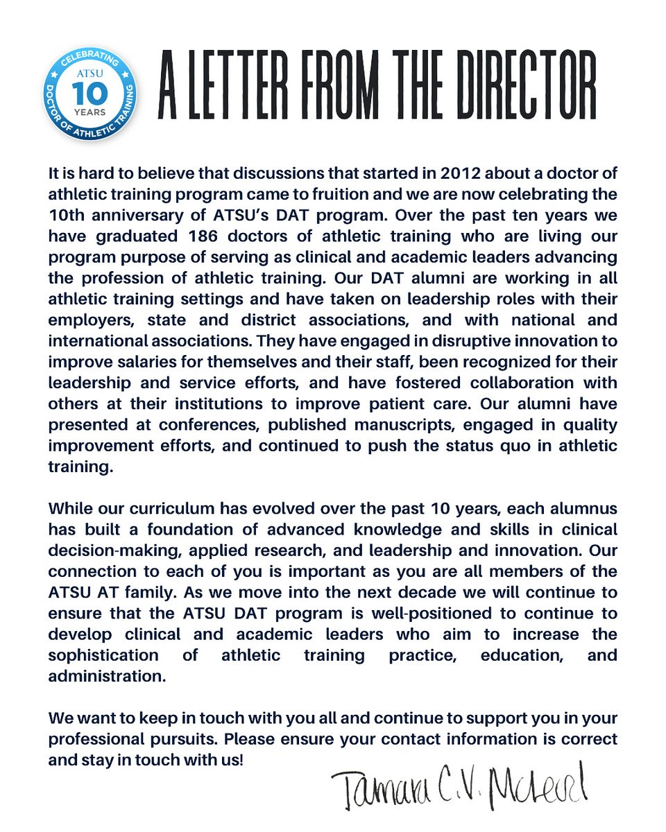 ATprograms_ATSU's tweet photo. Cheers to 10 Years! 🥂

Sharing a special message from our Department Chair and Program Director, reflecting on the journey and achievements of our DAT program. 

#ATSUAT #DATLife #WhereYoureAT https://t.co/uDKY3jFogb