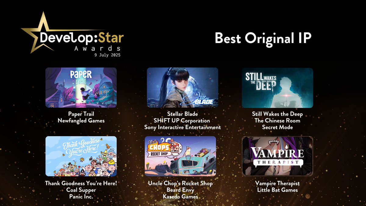 The Develop:Star Awards 2025 Best Original IP finalists are...

⭐ Paper Trail
⭐ Stellar Blade
⭐ Still Wakes the Deep
⭐ Thank Goodness You're Here!
⭐ Uncle Chop’s Rocket Shop
⭐ Vampire Therapist

#DevelopStars #DevelopConf