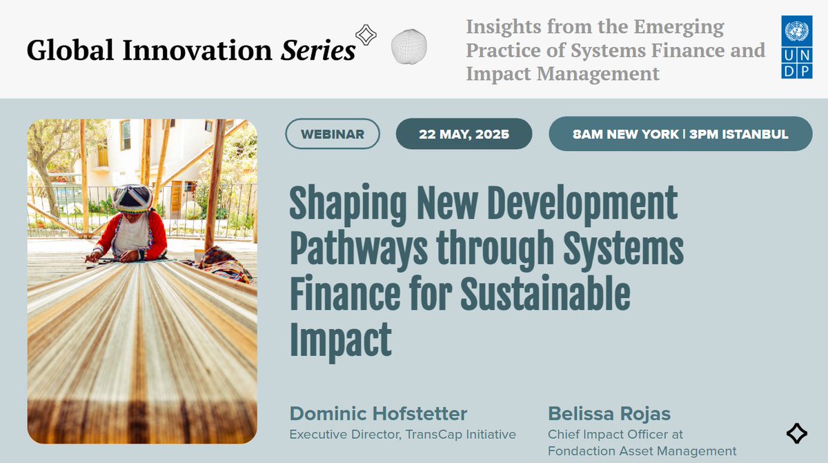 UNDP Innovation (@undp_innovation) on Twitter photo Join us 22 May for the launch of UNDP’s new webinar series on Systemic Finance & Impact Management!
Dominic Hofstetter <a href="/TransCapSpace/">TransCap Initiative</a> & Belissa Rojas will explore how finance can drive long-term systems change. 📅 22 May 2025 |⏰8am NY 3pm IST 7pm BKK bit.ly/43gcs4b Join us 22 May for the launch of UNDP’s new webinar series on Systemic Finance & Impact Management!
Dominic Hofstetter <a href="/TransCapSpace/">TransCap Initiative</a> & Belissa Rojas will explore how finance can drive long-term systems change. 📅 22 May 2025 |⏰8am NY 3pm IST 7pm BKK bit.ly/43gcs4b
