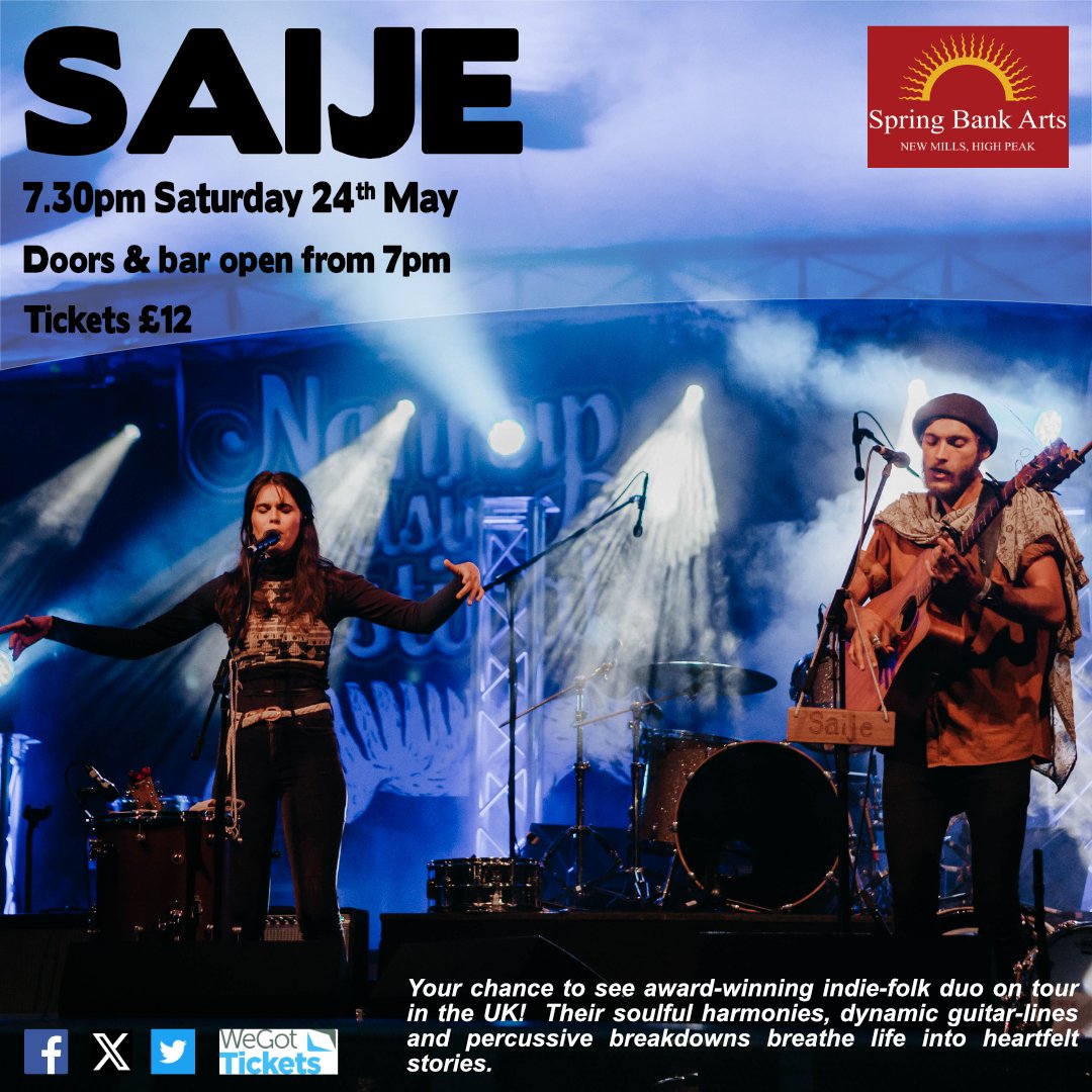 This is your chance to see the award-winning, indie-folk duo. Their soulful harmonies, dynamic guitar-lines  &amp; percussive breakdowns breathe life into heartfelt stories. wegottickets.com/event/649337
#springbankarts #visitnewmills #livemusic #events #derbyshire #folkmusic <a href="/SaijeMusic/">SaijeMusic</a>