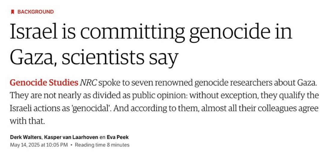BREAKING: SEVEN of the world’s leading genocide scholars — including renowned Holocaust experts — describe Israel’s actions in Gaza as genocidal.

And according to them, nearly all of their peers agree.

It’s. A. Genocide.