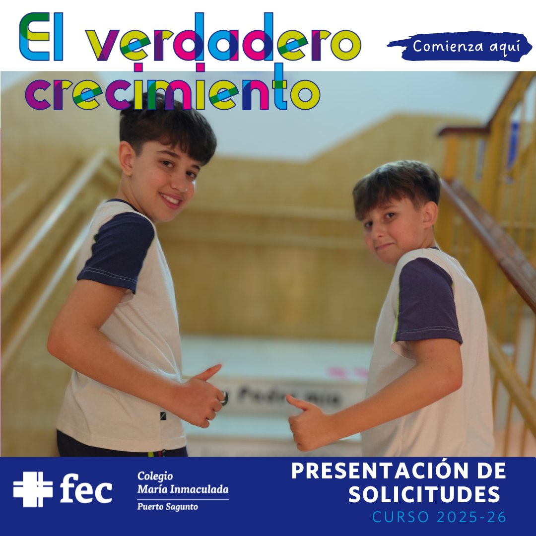 María Inmaculada PS (@fecmips) on Twitter photo Hoy comienza el plazo para la #PresentaciónDeSolicitudes de #Secundaria
¡este es el momento perfecto para poder formar parte de nuestra comunidad educativa!
El verdadero crecimiento es crecer en lo personal y profesional y tener un trabajado acompañamiento.
<a href="/colegiosfec/">FEC (Fundación Educación Católica)</a> Hoy comienza el plazo para la #PresentaciónDeSolicitudes de #Secundaria
¡este es el momento perfecto para poder formar parte de nuestra comunidad educativa!
El verdadero crecimiento es crecer en lo personal y profesional y tener un trabajado acompañamiento.
<a href="/colegiosfec/">FEC (Fundación Educación Católica)</a>