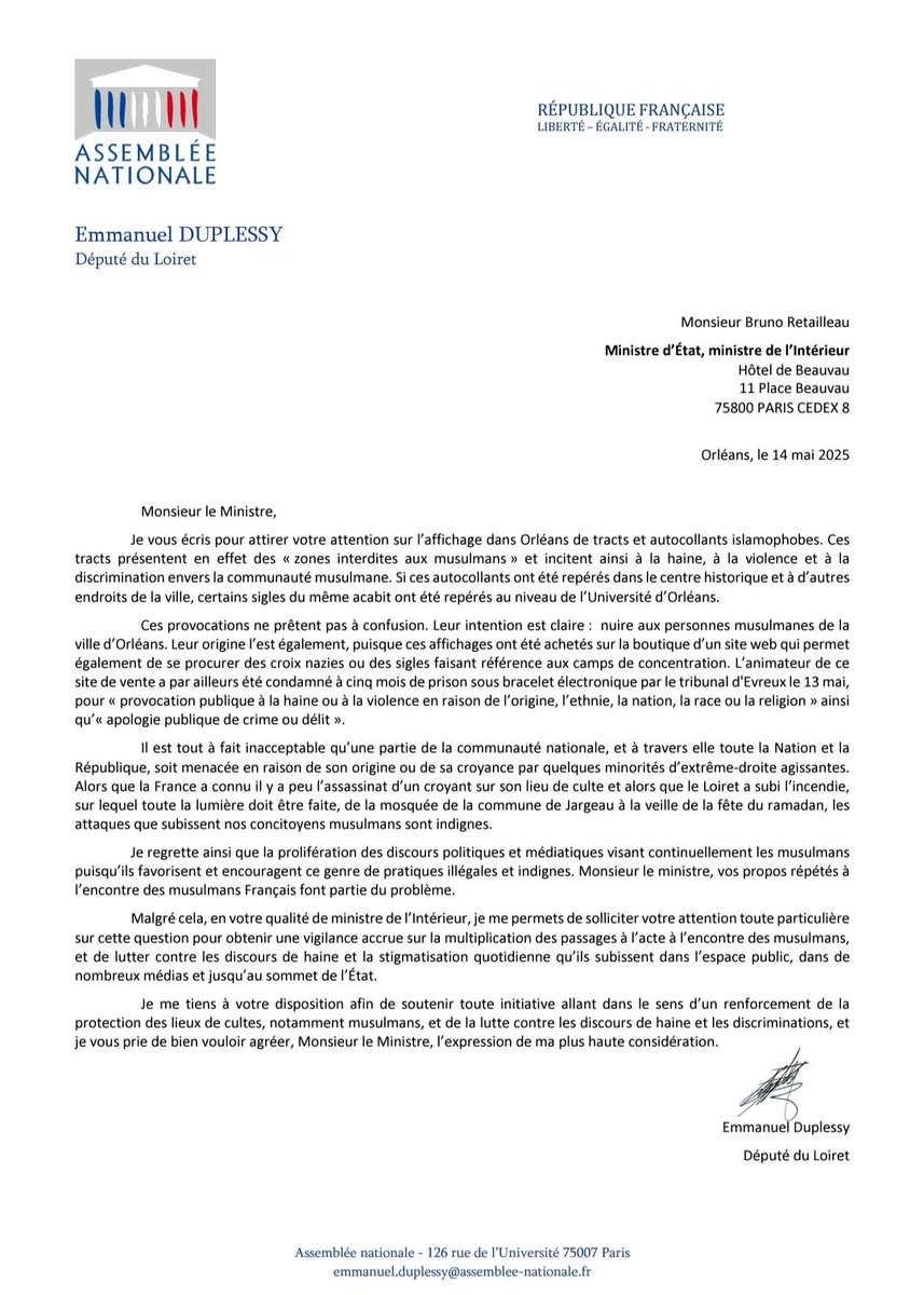 Suite à l'affichage dans Orléans de messages incitant à la haine, à la violence ou à la discrimination envers la communauté musulmane, j'ai adressé un courrier au ministre de l'intérieur, Bruno Retailleau afin de l'appeler à une viligence accrue sur la multiplication des passages