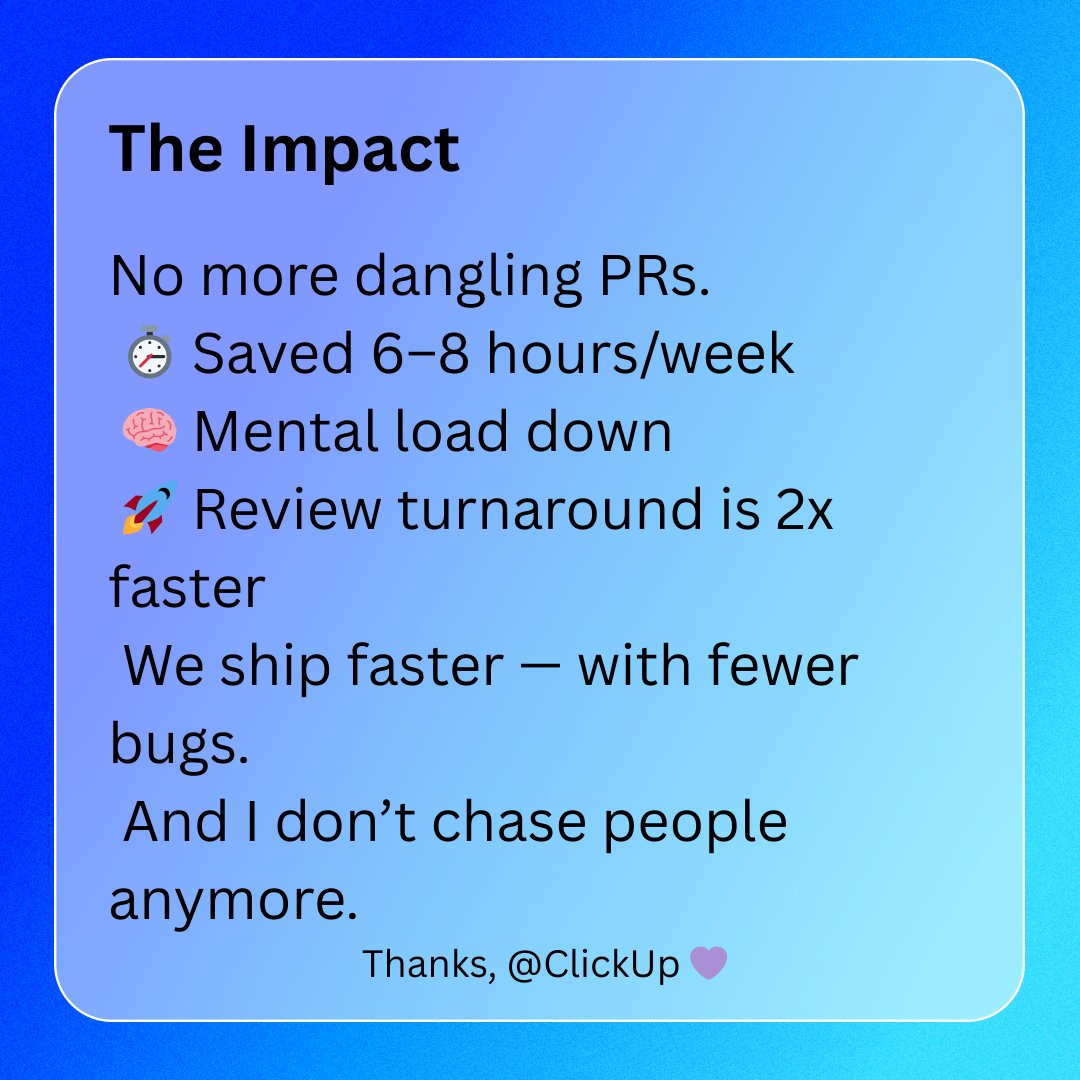 Piyush_Jh_a's tweet image. Stuck PRs and missed reviews were slowing our devs down, code was done, but nothing moved forward.

This thread shows how we fixed our workflow with ClickUp Automations to speed up reviews, cut bugs, and save 6–8 hrs/week.

@clickup  #ClickUpAutomation