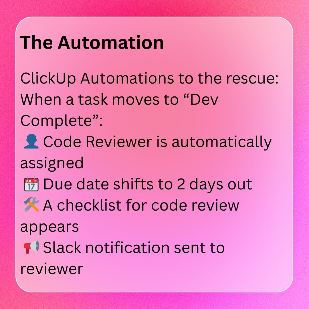 Piyush_Jh_a's tweet image. Stuck PRs and missed reviews were slowing our devs down, code was done, but nothing moved forward.

This thread shows how we fixed our workflow with ClickUp Automations to speed up reviews, cut bugs, and save 6–8 hrs/week.

@clickup  #ClickUpAutomation