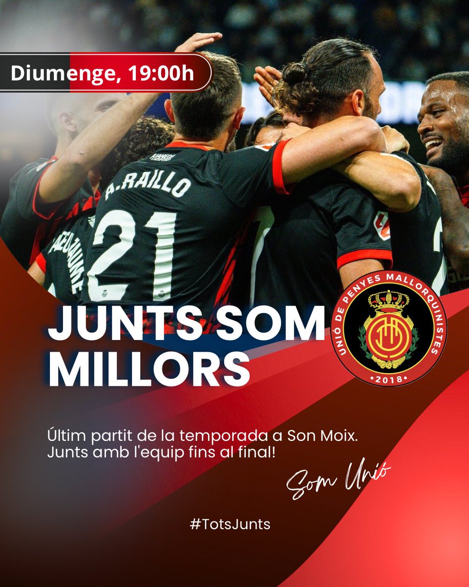 📢 MALLORQUINISTA

👹Diumenge acomiadem la temporada a Son Moix, tots junts amb l'equip.

🔥 No pots fallar!

#SomUnió <a href="/RCD_Mallorca/">RCD Mallorca</a>