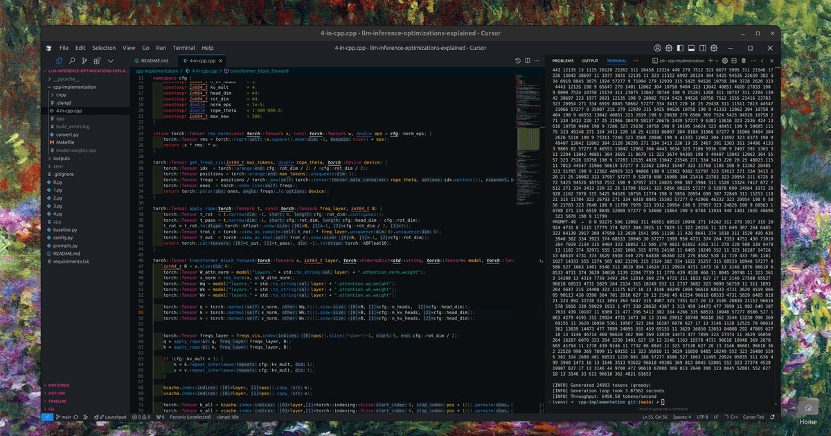 naklecha's tweet image. i&apos;m working on an open-source repo that teaches people llm inference optimisations. rn the fastest files on the repo are at 6.5-7k tps, as compared to vllm&apos;s 10k for the same batch size. i added a c++ implementation today. feel free to try it out (wip):
github.com/naklecha/llm-i…