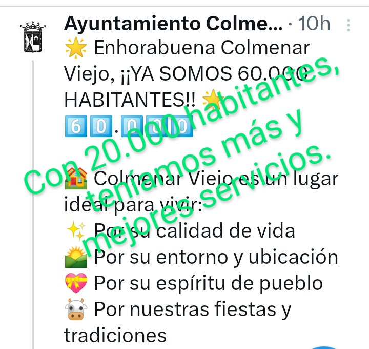 Enhorabuena #ColmenarViejo . YA SOMOS 60.000 habitantes. 
🌟 Sin médico en Urgencias y M607 colapsada.
🌄MacroVertedero y futura Macroplanta de Biogas.
💝Barrios que crecen sin servicios de transporte, educativos o sanitarios. 
🐮Museo de la Villa cerrado. 
Está es la realidad.