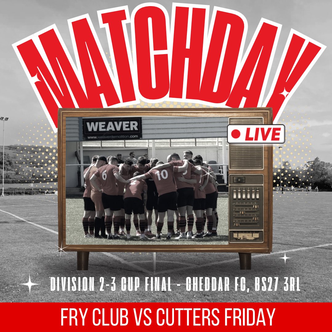 Fry Club FC (@frysfc) on Twitter photo It’s the curtain closer of the <a href="/somersetcfl/">Somerset County FL</a> season.
Our reserves take on <a href="/CFFCTweets/">Cutters Friday Football Club</a> in the final of the division 2/3 cup.
Come on down to Cheddar & get behind the boys. We’ve beaten higher opposition twice before to get here, can we do it again?
#OneClub #InItTogether ❤️🖤 It’s the curtain closer of the <a href="/somersetcfl/">Somerset County FL</a> season.
Our reserves take on <a href="/CFFCTweets/">Cutters Friday Football Club</a> in the final of the division 2/3 cup.
Come on down to Cheddar & get behind the boys. We’ve beaten higher opposition twice before to get here, can we do it again?
#OneClub #InItTogether ❤️🖤