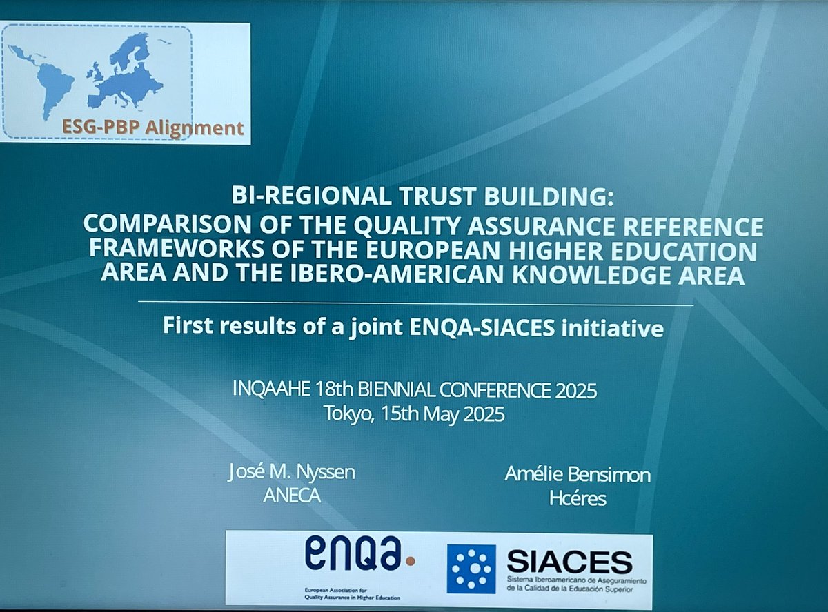 Pilar Paneque (@pilarpaneque) on Twitter photo ❗️Hoy presentamos en <a href="/inqaahe/">INQAAHE - International Network for QAAs in HE</a> Biennial Conference 🇯🇵 los resultados del proyecto de alineamiento de los estándares del European Higher Education Area y del Iberoamerican Knowledge Area
🗺️Coordinado por ANECA con la participación de ENQA y de SIACES
+ Info: aneca.es/proyecto-enqa-… ❗️Hoy presentamos en <a href="/inqaahe/">INQAAHE - International Network for QAAs in HE</a> Biennial Conference 🇯🇵 los resultados del proyecto de alineamiento de los estándares del European Higher Education Area y del Iberoamerican Knowledge Area
🗺️Coordinado por ANECA con la participación de ENQA y de SIACES
+ Info: aneca.es/proyecto-enqa-…