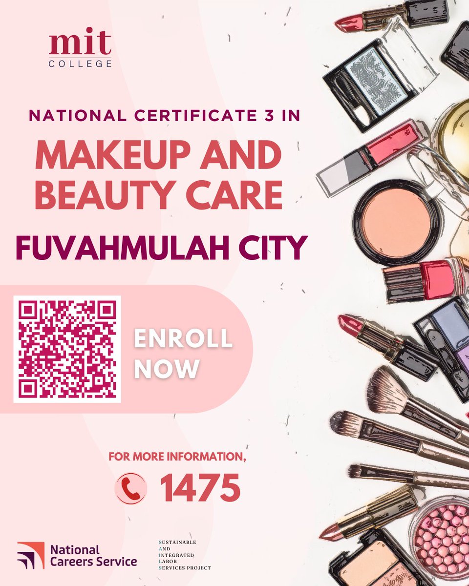 SAILS Project (@sailsprojectmv) on Twitter photo National Certificate 3 in Makeup and Beauty Care is starting in Fuvahmulah City! Enroll today through <a href="/ncsgovmv/">National Careers Service</a> !
<a href="/mitmaldives/">Maldives Institute of Technology</a> <a href="/MoHEmv/">Min. of Higher Edu, Labour and Skills Development</a> National Certificate 3 in Makeup and Beauty Care is starting in Fuvahmulah City! Enroll today through <a href="/ncsgovmv/">National Careers Service</a> !
<a href="/mitmaldives/">Maldives Institute of Technology</a> <a href="/MoHEmv/">Min. of Higher Edu, Labour and Skills Development</a>