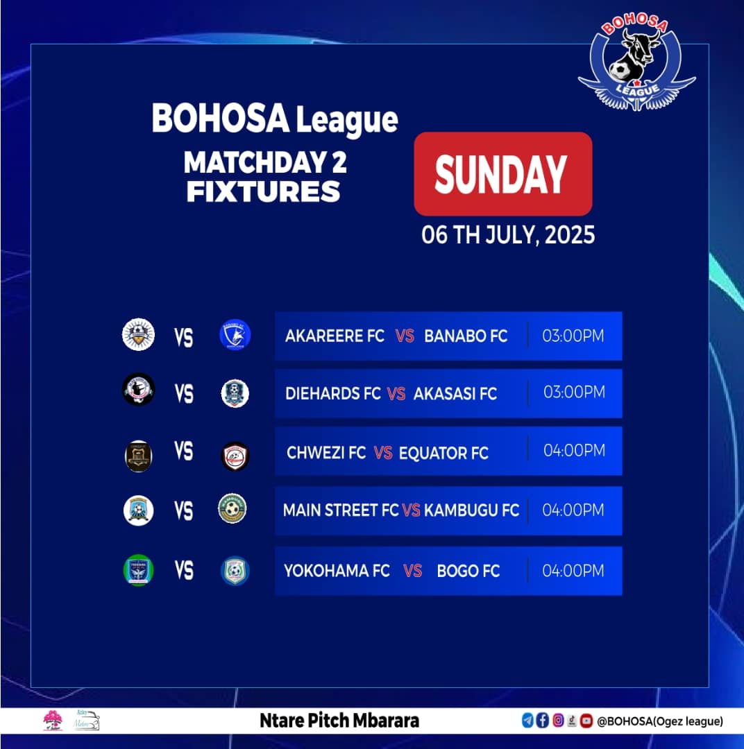 To all CHWEZI FC family 🎉 The moment we've been waiting for is finally here – #BohosaLeagueSnI fixtures are out!  Match day two will be  at  Ntare Pitch Mbarara on 6th July 2025. Prepare to come and support  Chwezi FC ⚽⤵️