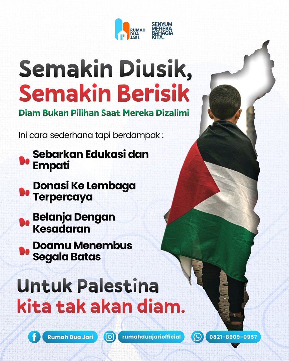 Semakin didiamkan, semakin lantang kita bersuara.

Diam bukan pilihan saat saudara kita di Palestina dizalimi.

Yuk, mulai dari hal sederhana: sebarkan edukasi, berdonasi ke lembaga terpercaya, dan terus doakan mereka. Untuk Palestina, kita tak akan diam!