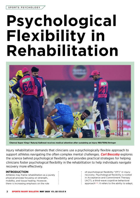 Injury rehabilitation demands that clinicians use a psychologically flexible approach to support athletes navigating the often complex mental challenges. <a href="/carlbescoby/">Carl Bescoby</a> explores the science behind psychological flexibility! 🧠📈

sportsinjurybulletin.com/diagnose--trea…