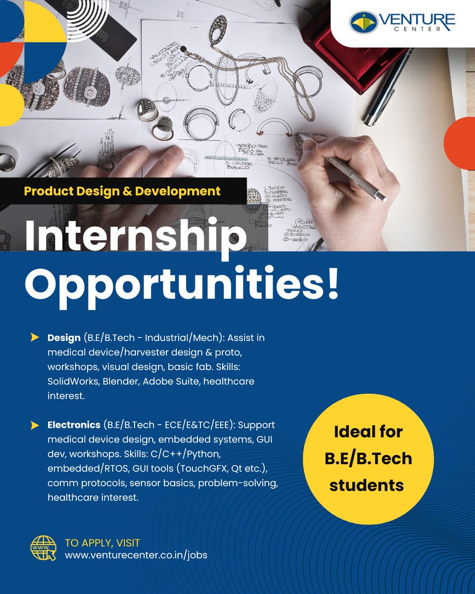 Paid #internship opportunity in product development &amp; design! #pune

Opportunity 1: For B.E/B.Tech in Industrial Product Design/ Mechanical students

Opportunity 2: For B.E/B.Tech in Electronics &amp; Communication / E &amp; TC/ EEE students

Know more &amp; apply: 
venturecenter.co.in/jobs/details/5…