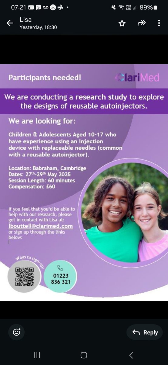 If anyone has a child or teen near or willing to travel to Cambridge (UK), who fancies sharing their views on injection devices and receive £60 for time, please reach out to me.