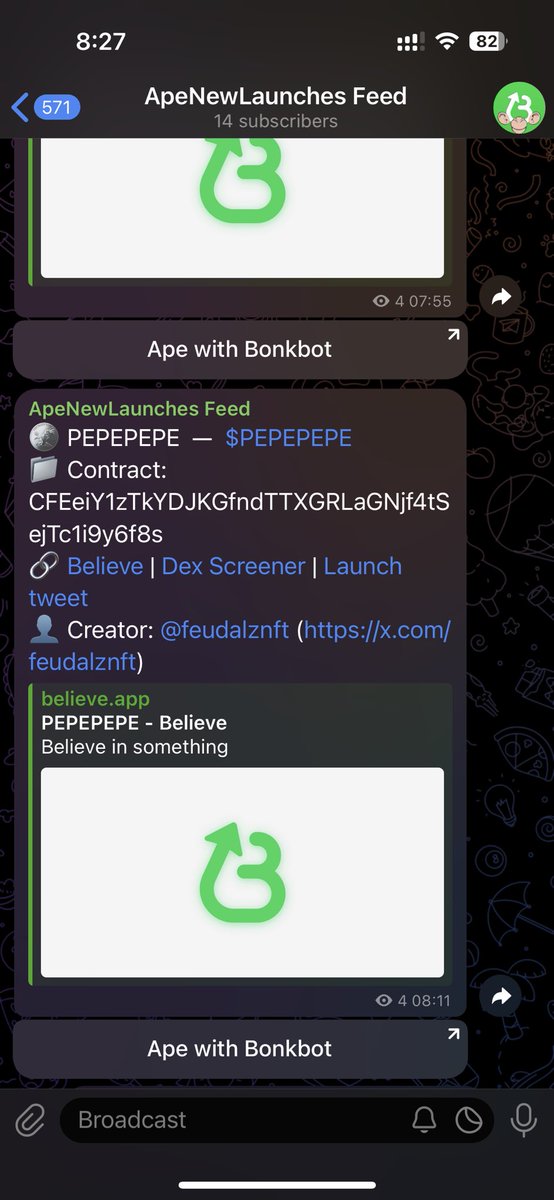 Built ApeNewLaunches: a fully-functional bot to directly ape from telegram in one-click using <a href="/bonkbot_io/">BONKbot</a> the tokens launched through LaunchCoin by highly influential accounts (10k+ followers), in real-time!

t.me/ApeNewLaunches

<a href="/launchcoin/">Launch Coin on Believe</a> $ANL + ApeNewLaunches