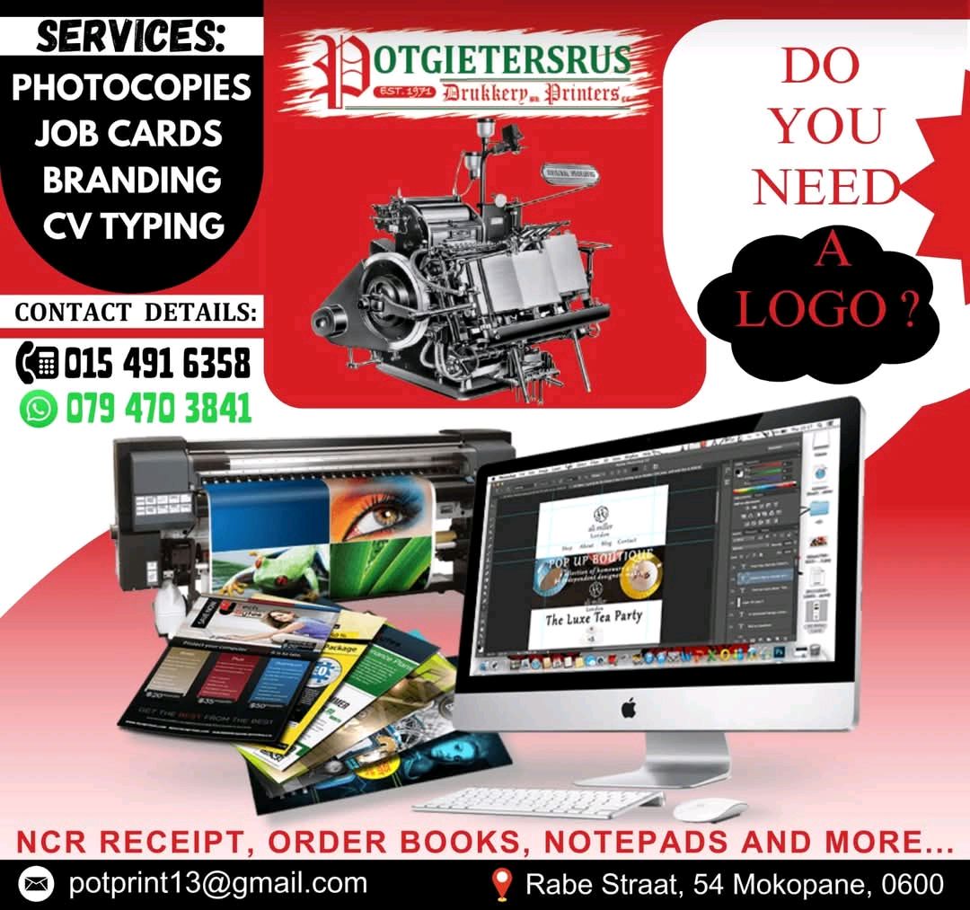 Pages_Potties's tweet image. Need a logo or printing services? Potgietersrus Drukkery Printers has you covered! From photocopies to branding, visit us today. 📍54 Rabe Straat, Mokopane or call 015 491 6358. #PrintingSolutions #DesignExpert #Mokopane