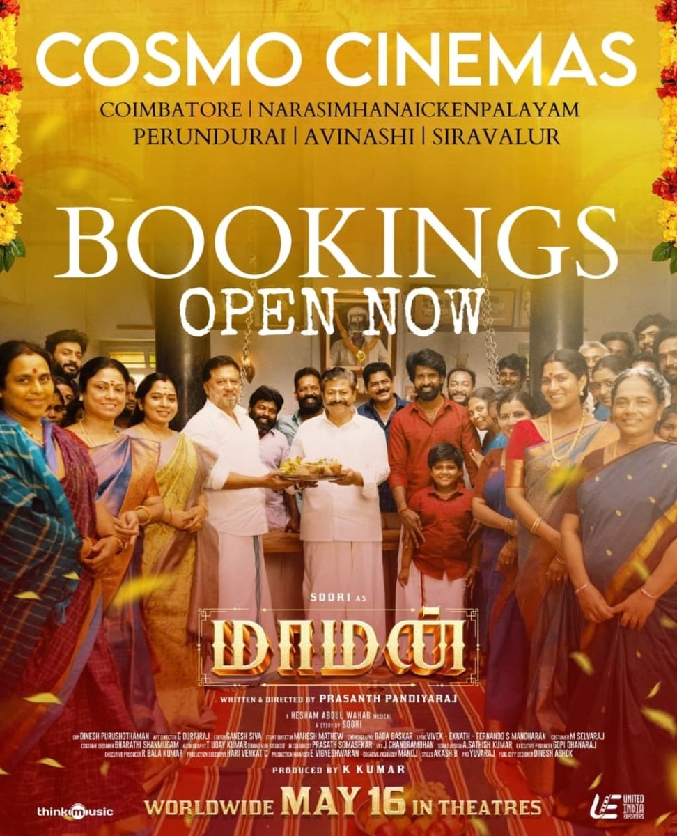 Cosmo Cinemas (@cosmo_cinemas) on Twitter photo #Maaman
BOOKINGS OPEN‼️💥
<a href="/PerunduraiCosmo/">Cosmo Cinemas Perundurai</a>
<a href="/Siruvalur_Cosmo/">Cosmo Cinemas Siruvalur</a>
<a href="/cosmo_cinemas/">Cosmo Cinemas</a> #Coimbatore #NSNPalayam #Avinashi A/C | 4K RGB LASER | ATMOS
Online <a href="/TicketNew/">TicketNew</a> <a href="/lifeindistrict/">District</a> | <a href="/bookmyshow/">BookMyShow</a> (CBE only)🎟️
<a href="/Haricosmo/">HARI</a>
<a href="/sooriofficial/">Actor Soori</a> <a href="/p_santh/">prasanth.P</a> <a href="/larkstudios1/">Lark Studios</a>
<a href="/HeshamAWmusic/">Hesham Abdul Wahab</a> <a href="/kumarkarupannan/">Kumar K</a> #Maaman
BOOKINGS OPEN‼️💥
<a href="/PerunduraiCosmo/">Cosmo Cinemas Perundurai</a>
<a href="/Siruvalur_Cosmo/">Cosmo Cinemas Siruvalur</a>
<a href="/cosmo_cinemas/">Cosmo Cinemas</a> #Coimbatore #NSNPalayam #Avinashi A/C | 4K RGB LASER | ATMOS
Online <a href="/TicketNew/">TicketNew</a> <a href="/lifeindistrict/">District</a> | <a href="/bookmyshow/">BookMyShow</a> (CBE only)🎟️
<a href="/Haricosmo/">HARI</a>
<a href="/sooriofficial/">Actor Soori</a> <a href="/p_santh/">prasanth.P</a> <a href="/larkstudios1/">Lark Studios</a>
<a href="/HeshamAWmusic/">Hesham Abdul Wahab</a> <a href="/kumarkarupannan/">Kumar K</a>