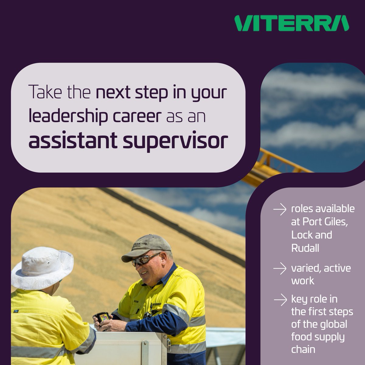Are you looking to take the next step in your leadership career?

We are hiring for assistant supervisors to join our teams at Port Giles on the #YorkePeninsula, and Rudall and Lock on the #EyrePeninsula.

Assistant supervisors play a key role in overseeing grain storage and