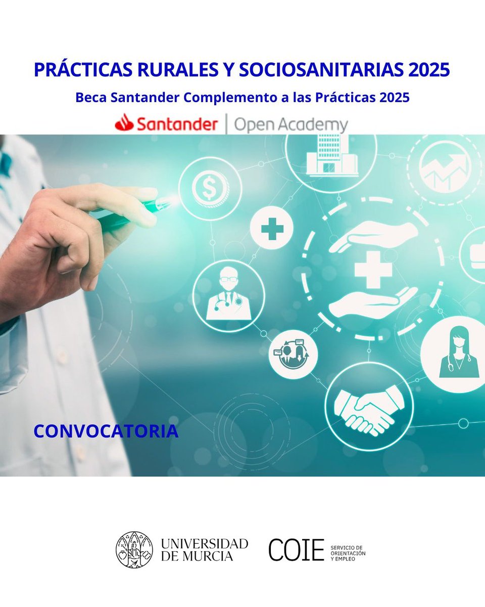 Convocadas 109 plazas dentro del Programa de Becas Santander Complemento a las Prácticas 2025.

Plazo de solicitud: del 13 al 26 de mayo de 2025.

En la sección de prácticas del COIE podrás presentar tu solicitud.

Más info en nuestra web.

#PrácticasUMU #TalentoUMU