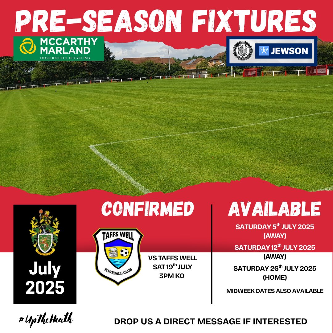 Cadbury Heath FC (@cadburyheathfc) on Twitter photo ๐๏ธ | ๐๐ง๐-๐๐๐๐จ๐ค๐ฃ ๐๐๐ญ๐ฉ๐ช๐ง๐๐จ ๐๐ค๐๐๐๐ฃ๐โฆ
Sat 5th July โ Available
Sat 12th July โ Available
Sat 19th July โ vs <a href="/Taffswellfc/">Taffs Well FC</a> (Home)
Sat 26th July โ Available
Midweek fixtures also available โ Drop us a DM if interested.
#UpTheHeath๐ดโช๏ธ | <a href="/westcountryfb/">West Country Football</a> ๐๏ธ | ๐๐ง๐-๐๐๐๐จ๐ค๐ฃ ๐๐๐ญ๐ฉ๐ช๐ง๐๐จ ๐๐ค๐๐๐๐ฃ๐โฆ
Sat 5th July โ Available
Sat 12th July โ Available
Sat 19th July โ vs <a href="/Taffswellfc/">Taffs Well FC</a> (Home)
Sat 26th July โ Available
Midweek fixtures also available โ Drop us a DM if interested.
#UpTheHeath๐ดโช๏ธ | <a href="/westcountryfb/">West Country Football</a>