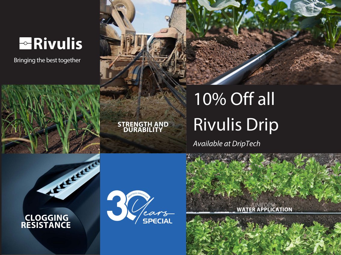 DriptechI's tweet image. DripTech turns 30! 

From the original DripTrek to Rivulis Drip Line, we’ve always championed innovation in drip irrigation.

Celebrate with us: 

Get 10% off ALL Rivulis Drip Line for one month only at all DripTech branches! 

 #DripTech30 #Irrigation