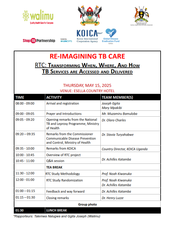 Re-imagining TB Care (@reimaginingtb) on Twitter photo Our Program for the day #RTCStudyLaunchandRandomization <a href="/MinofHealthUG/">Ministry of Health- Uganda</a> <a href="/ustpnews/">Uganda Stop TB Partnership</a> <a href="/StopTB/">Stop TB Partnership</a> <a href="/WalimuNGO/">Walimu</a> Our Program for the day #RTCStudyLaunchandRandomization <a href="/MinofHealthUG/">Ministry of Health- Uganda</a> <a href="/ustpnews/">Uganda Stop TB Partnership</a> <a href="/StopTB/">Stop TB Partnership</a> <a href="/WalimuNGO/">Walimu</a>