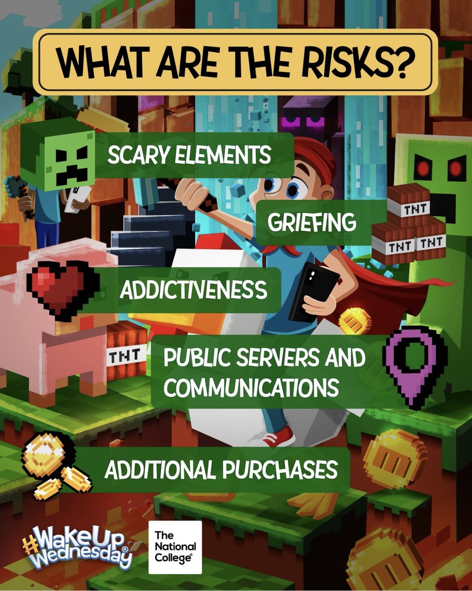TrinityAcademyH's tweet image. Block out online risks in Minecraft ⛏🛡️ With millions of players chatting and creating - and interest rising again after April’s movie release - our #WakeUpWednesday guide helps parents and educators keep young gamers safe in this endlessly popular sandbox title 🧱🎮