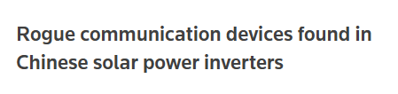 H4ckmanac's tweet photo. U.S. officials are investigating Chinese-made solar inverters and batteries with rogue communication devices, including hidden cellular radios.
These devices could be remotely activated to destabilize energy grids, potentially leading to widespread blackouts (just ask 🇪🇸Spain).
Here the full article:
https://t.co/kXIwnKJP4J