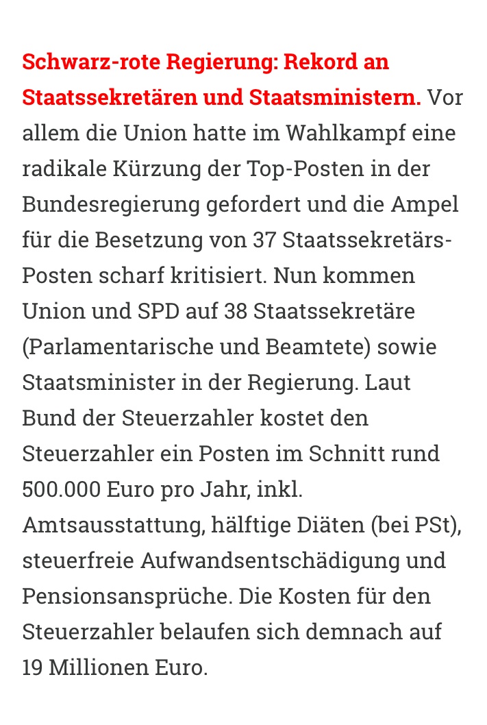 CDU: 37 Staatssekretäre sind viel zu viele! Diese verdammte Ampel! Das werden wir ganz anders machen! 

CDU: 38 Staatssekretäre in der neuen Koalition.