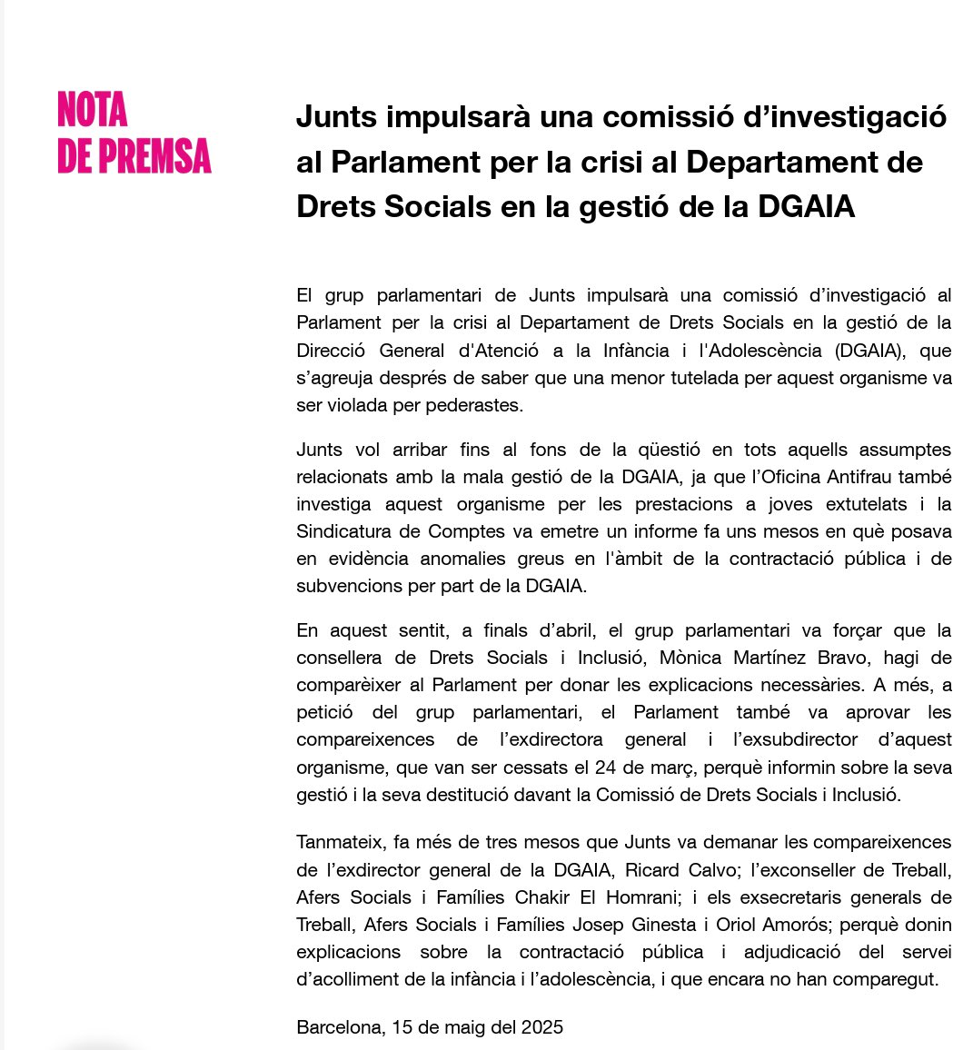 Andrea Villoria (@andreajvilloria) on Twitter photo 🔴 El cas de pederastia sobre una menor tutelada de 12 anys que vam avançar dilluns a <a href="/SERCatalunya/">SER CATALUNYA</a> desferma una crisi sobre la DGAIA.
🗂️La ministra Sira Rego demana canvis per evitar que es repeteixi una desprotecció així i Junts demana una comissió d’investigació al Parlament 🔴 El cas de pederastia sobre una menor tutelada de 12 anys que vam avançar dilluns a <a href="/SERCatalunya/">SER CATALUNYA</a> desferma una crisi sobre la DGAIA.
🗂️La ministra Sira Rego demana canvis per evitar que es repeteixi una desprotecció així i Junts demana una comissió d’investigació al Parlament