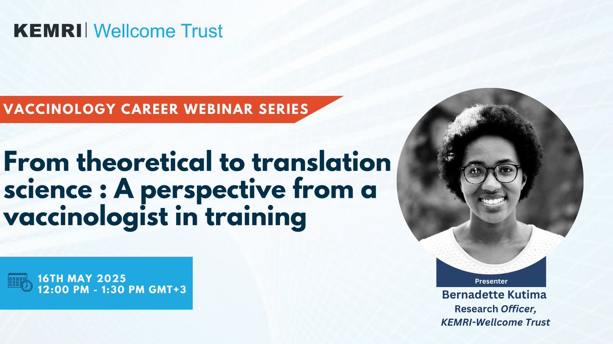 KEMRI-Wellcome Trust (@kemri_wellcome) on Twitter photo 🚨Vaccinology webinar alert!🚨
Thinking about a career in Vaccinology? Don't miss this!
Register and join us tomorrow as <a href="/Bernaire1/">Bernadette Ataku</a> shares her inspiring journey as a vaccinologist in training!
🗓️ May 16th, 2025
🕛12:00 PM - 1:30 PM GMT+3
🔗shorturl.at/IkUpi 🚨Vaccinology webinar alert!🚨
Thinking about a career in Vaccinology? Don't miss this!
Register and join us tomorrow as <a href="/Bernaire1/">Bernadette Ataku</a> shares her inspiring journey as a vaccinologist in training!
🗓️ May 16th, 2025
🕛12:00 PM - 1:30 PM GMT+3
🔗shorturl.at/IkUpi