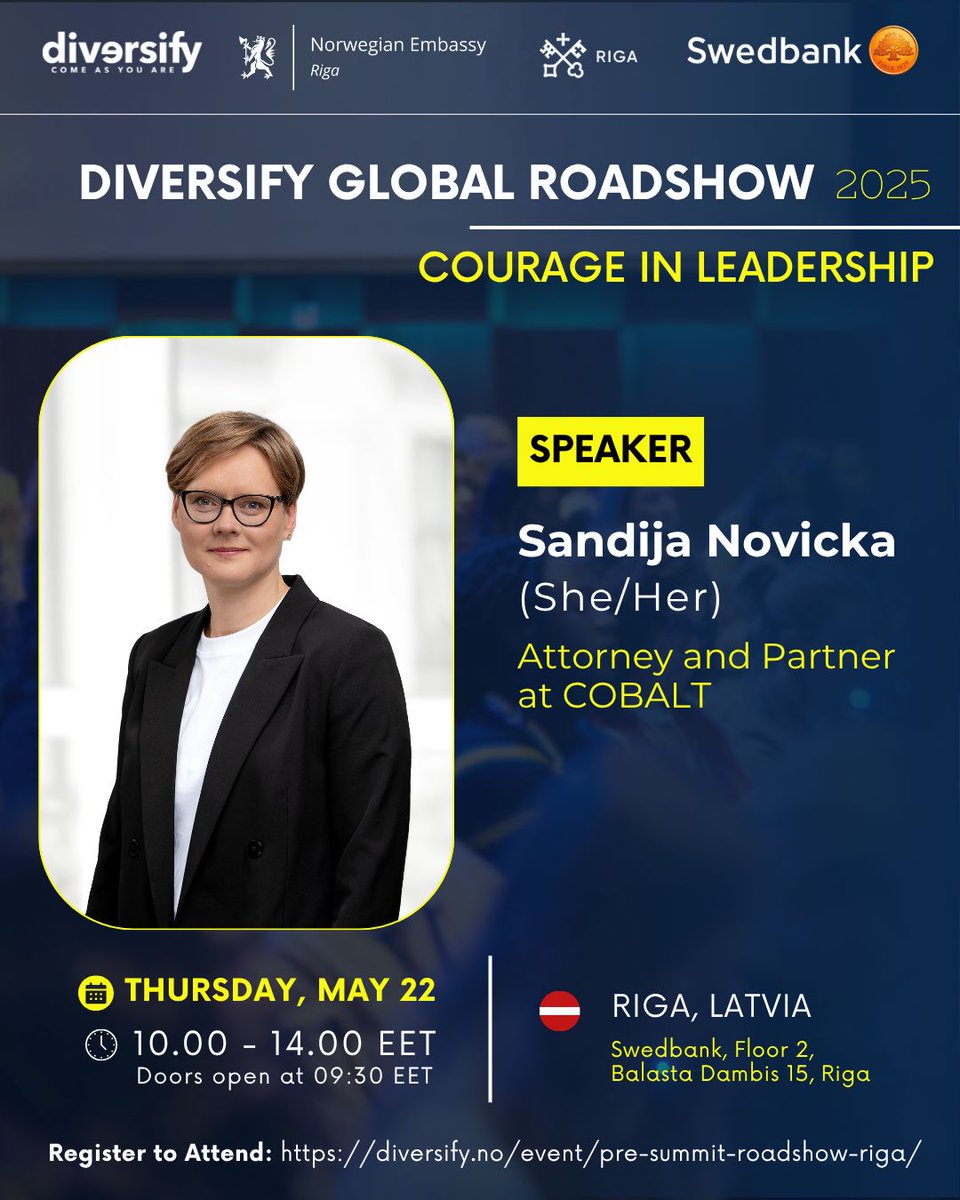 COBALT Latvia (@cobalt_lv) on Twitter photo COBALT partner <a href="/SandijaNovicka/">Sandija Novicka</a> will be speaking at the Diversify Global Roadshow in Riga on courage in leadership on May 22.
Free to attend 👉 diversify.no/event/pre-summ… COBALT partner <a href="/SandijaNovicka/">Sandija Novicka</a> will be speaking at the Diversify Global Roadshow in Riga on courage in leadership on May 22.
Free to attend 👉 diversify.no/event/pre-summ…